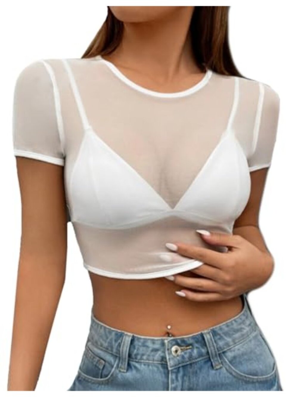 Sheer Mesh Crop Top Short Sleeve Round Neck Blouse